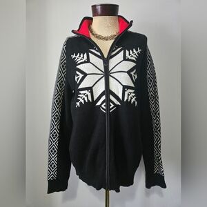 RALPH LAUREN ACTIVE L-RL Black and White snowflake Cotton Zip Up Sweater. Size L